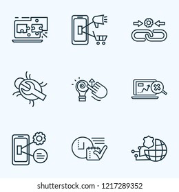 Optimization icons line style set with mobile optimization, mobile marketing, SEO monitoring and other innovation elements. Isolated vector illustration optimization icons.
