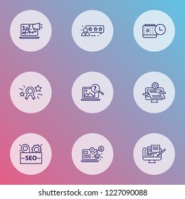 Optimization icons line style set with customers review, website optimization, SEO package and other photo content elements. Isolated vector illustration optimization icons.