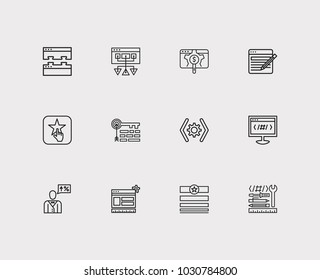 Optimization icons set. Apps development and optimization icons with promotion, sitemap and website tools. Set of elements including options for web app logo UI design.
