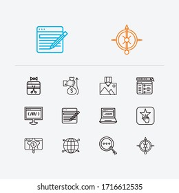 Optimization icons set. Apps development and optimization icons with page content, revenue and keyword research. Set of magnifier for web app logo UI design.