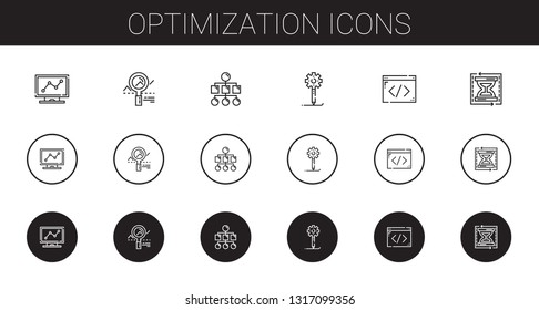 optimization icons set. Collection of optimization with analytics, sitemap, creative process, coding, load time. Editable and scalable optimization icons.