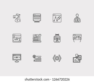 Optimization icons set. Responsive design and optimization icons with web code, target keyword and launch. Set of data for web app logo UI design.