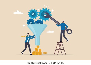 Optimization to improve result, adjust marketing factor to gain more profit, efficiency or growth, fix process for best result concept, businessman using wrench to optimize process better performance.