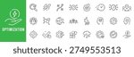 Optimization line icons for efficiency, performance, workflow automation, analytics, energy savings, configuration settings, target goals, editable stroke outline set modern.