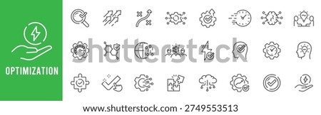 Optimization line icons for efficiency, performance, workflow automation, analytics, energy savings, configuration settings, target goals, editable stroke outline set modern.