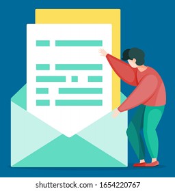 Optimization of paper work, little man with big documents in envelope. Vector illustration effective content management, text information. Person making content in social media, programmer worker