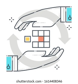 Optimization related color line vector icon, illustration. The icon is about integration, problem, puzzle, solving, hands. The composition is infinitely scalable.