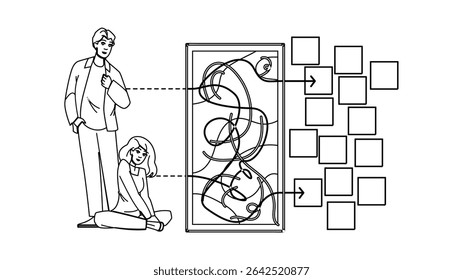 vetor do algoritmo de pesquisa de otimização. resultados da classificação, relevância da consulta, máquina de crawling otimização algoritmo de pesquisa caractere. pessoas linha preta lápis desenho ilustração