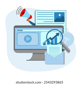 Optimization of SEO marketing data search results. Marketing data illustration, flat style vector. eps 1
