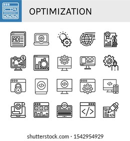 optimization simple icons set. Contains such icons as Search engine, Seo and web, Code, Development, Programming, Analytics, Web analytics, can be used for web, mobile and logo