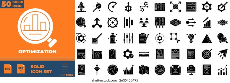 Conjunto de ícones editáveis sólidos de otimização. Ilustração vetorial em estilo sólido fino moderno de ícones de otimização: eficiente, sistema, melhoria, etc