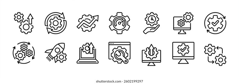 Optimization technology thin line icon set. Containing automated process development, progress, update, upgrade, speed, efficient time, setup, startup, performance, website, operation, machine vector