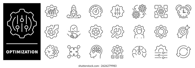 Ícones de vetor de otimização. Conjunto de ícones de linha fina relacionados à otimização. Ícones de processo, automação, produtividade, desempenho, processo, gerenciamento e otimização