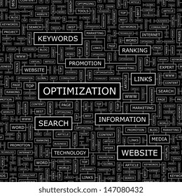 OPTIMIZATION. Word cloud concept illustration. Graphic tag collection. Wordcloud collage with related tags and terms. 