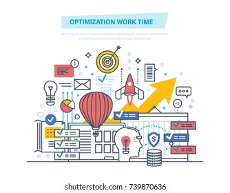 Optimization work time. Time management, organization of working plan, planning job day, work process control, routine management, communications. Illustration thin line design of vector doodles.