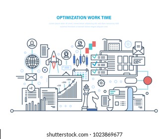 Optimization work time. Working process planning, workflow control, project objectives, teamwork. Communication with colleagues, time management, business planning. Illustration thin line design.