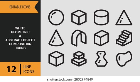 Optimize architectural designs and conceptual spatial layouts with these clean white geometric and abstract object composition icons.