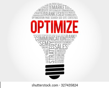 OPTIMIZE bulb word cloud, business concept