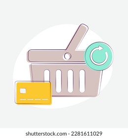 Optimize e-commerce checkout process with payment processing tools. Circular arrow and bank card icon signify seamless repetition, continuation, and completion shopping order. Abandonment cart concept