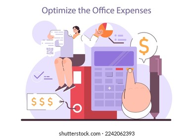 Optimize the office expenses. Effective financial tips for entrepreneur in conditions of economic stagnation. Economic activity decline, business-saving actions. Flat vector illustration