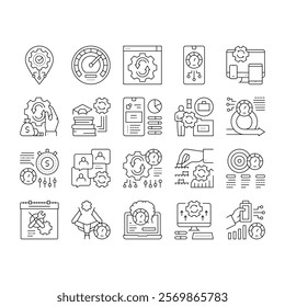 Optimize Operations Collection Icons Set Vector. Optimize Internet Speed And Electronics, Smartphone And Computer, Education And Work Black Contour Illustrations