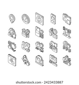 Optimize Operations Collection isometric icons set. Optimize Internet Speed And Electronics, Smartphone And Computer, Education And Work Concept Linear Pictograms. Contour Color .