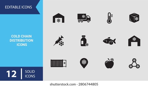 Optimize perishable food transport graphics using this temperature sensitive cold chain distribution solid icon collection tailored for grocery logistics dashboard designs