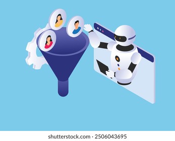  Optimize sales funnel, lead generation. AI Technology 3d isometric vector illustration