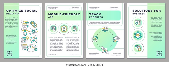 Optimize social media ads green gradient brochure template. SMM strategy. Leaflet design with linear icons. 4 vector layouts for presentation, annual reports. Arial, Myriad Pro-Regular fonts used