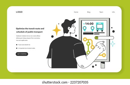 Optimize the transit route and schedule of public transport for energy efficiency in the city. Municipal emissions reduction, modernisation of city environment. Flat vector illustration