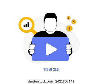 Optimize video content for top search results with Video SEO. Boost brand visibility, drive sales, enhance engagement for increased traffic. Online video seo marketing illustration isolated on white