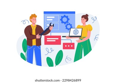 Optimize website color concept with people scene in the flat cartoon design. Two technical specialists work on optimization Internet sites. Vector illustration.