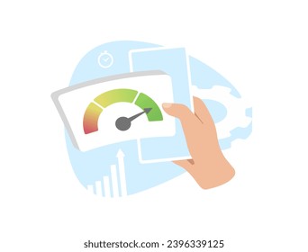 Optimize website speed for SEO and user experience. Hand holding mobile phone with speed indicator, growing chart and timer. Vector illustration isolated on white background with icons