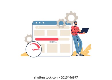 Optimize website web concept. Man designer setting up and testing site. Programmer writes code and manages page in browser, minimal people scene. Vector illustration in flat design for website