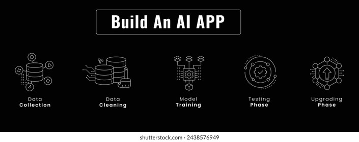 Optimize Your AI App Workflow. Efficient AI App Development Icons. Model Training, Data Collection, Data Cleaning, and Beyond. Editable Stroke and Colors.