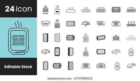 Optimize your automotive designs with this set of 24 car air filter and AC system icons. Featuring clean professional symbols for climate control ventilation and filtration systems these graphics are perfect for mechanic apps vehicle manuals and service websites. High quality technical signs.