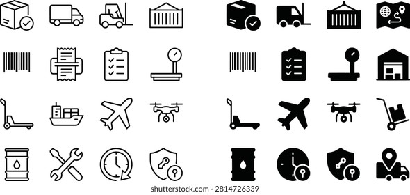Optimize your logistics and supply chain projects with this professional icon set, featuring both clean editable stroke lines and solid glyph styles. This high-quality vector collection includes essential symbols for shipping, warehousing, delivery, and transportation. With the fully editable stroke feature, you can easily adjust the line weight to match your specific branding or interface requirements. Perfect for logistics management software, e-commerce shipping dashboards, inventory tracking apps, transportation websites, and industrial design materials.Optimize your logistics and supply chain projects with this professional icon set, featuring both clean editable stroke lines and solid glyph styles. This high-quality vector collection includes essential symbols for shipping, warehousing, delivery, and transportation. With the fully editable stroke feature, you can easily adjust the line weight to match your specific branding or interface requirements. Perfect for logistics management software, e-commerce shipping dashboards, inventory tracking apps, transportation websites, and industrial design materials.