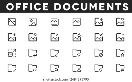 Optimize your tasks with our office icon vectors, showcasing essential tools like mail, calendars, and file management for efficient organization and productivity.