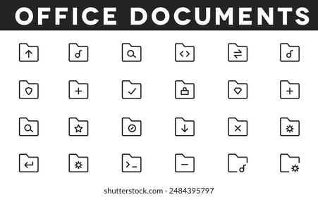 Optimize your tasks with our office icon vectors, showcasing essential tools like mail, calendars, and file management for efficient organization and productivity.