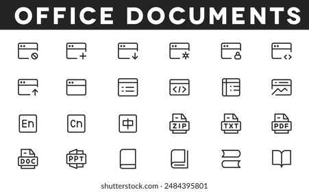 Optimize your tasks with our office icon vectors, showcasing essential tools like mail, calendars, and file management for efficient organization and productivity.