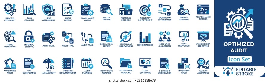 Optimized audit icon set. Containing audit report, compliance, risk assessment, asset tracking, performance analytics and more. Solid vector icons collection