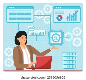 Optimized Data Management Solutions. Businesswoman utilizing artificial intelligence and data analysis to enhance business operations and tackle challenges effectively. Flat vector modern illustration