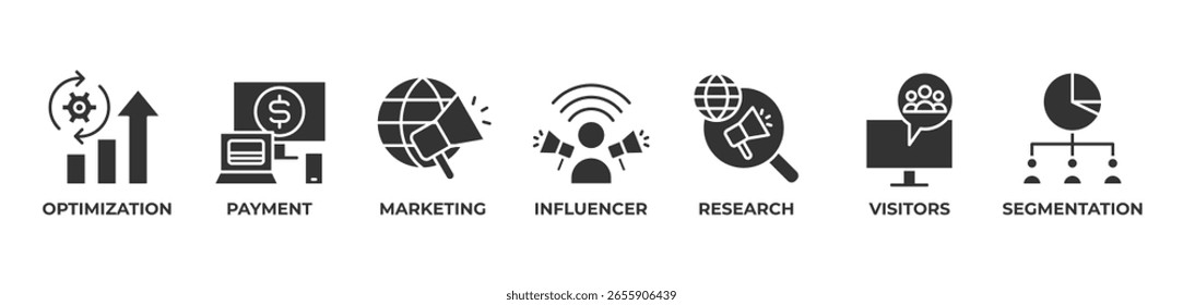 Ícones de estratégia de marketing otimizados definir o glifo de ilustração vetorial com otimização, pagamento, marketing, influenciador, pesquisa, visitantes, segmentação
