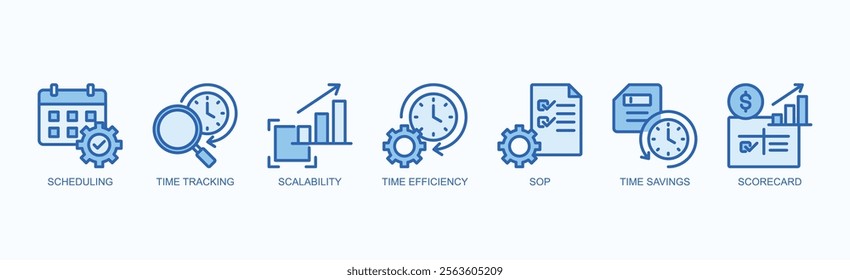 Optimized Time Management Icon Set Isolated Vector Illustration Concept With Icon Of Scheduling, Time Tracking, Scalability, Time Efficiency, Sop, Time Savings, Scorecard In Blue Style