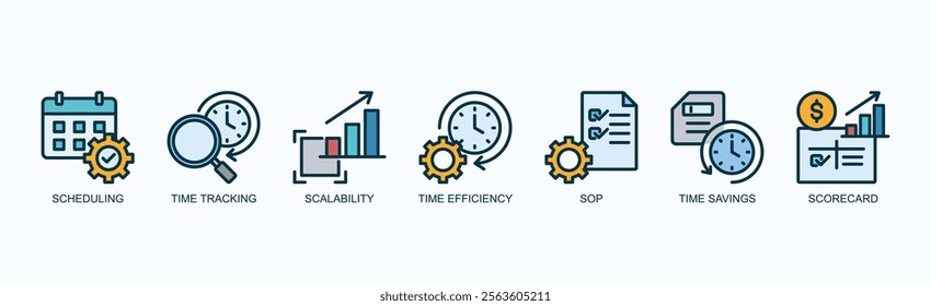 Optimized Time Management Icon Set Isolated Vector Illustration Concept With Icon Of Scheduling, Time Tracking, Scalability, Time Efficiency, Sop, Time Savings, Scorecard In Outline Color Style