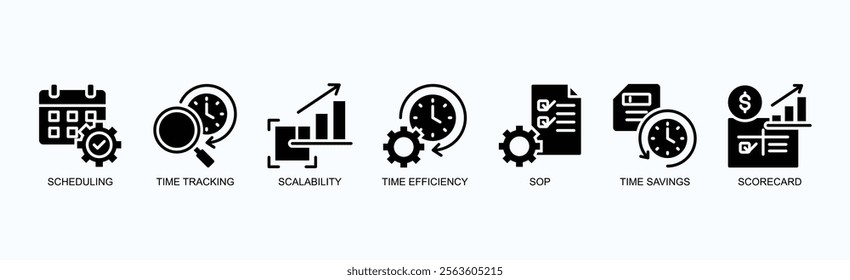 Optimized Time Management Icon Set Isolated Vector Illustration Concept With Icon Of Scheduling, Time Tracking, Scalability, Time Efficiency, Sop, Time Savings, Scorecard In Glyph Style