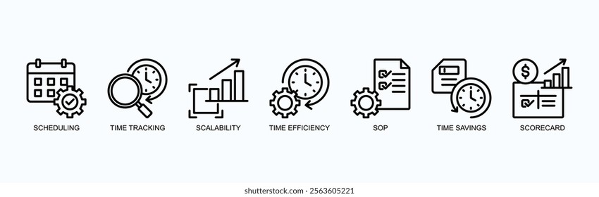 Optimized Time Management Icon Set Isolated Vector Illustration Concept With Icon Of Scheduling, Time Tracking, Scalability, Time Efficiency, Sop, Time Savings, Scorecard In Outline Style