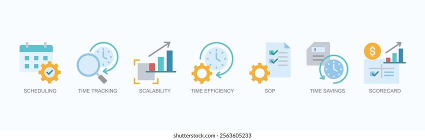 Optimized Time Management Icon Set Isolated Vector Illustration Concept With Icon Of Scheduling, Time Tracking, Scalability, Time Efficiency, Sop, Time Savings, Scorecard In Flat Style