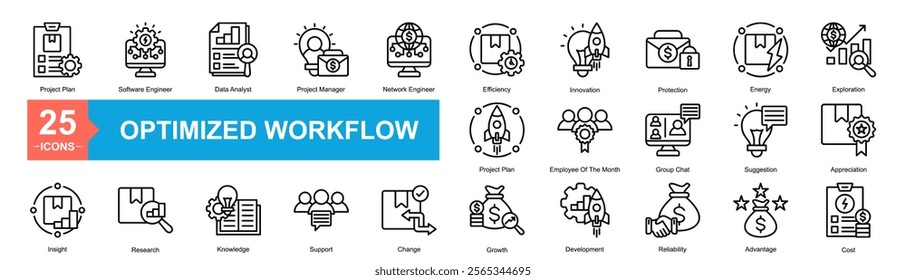 Optimized Workflow Icon Sheet Project Plan, Employee Of The Month, Group Chat, Suggestion, Appreciation, Project Plan, Software Engineer, Data Analyst, Project Manager, Network Engineer, Efficiency