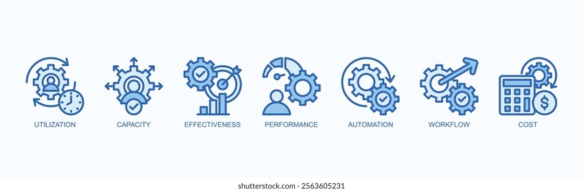 Optimizing Efficiency Icon Set Isolated Vector Illustration Concept With Icon Of Utilization, Capacity, Effectiveness, Performance, Automation, Workflow, Cost In Flat Style